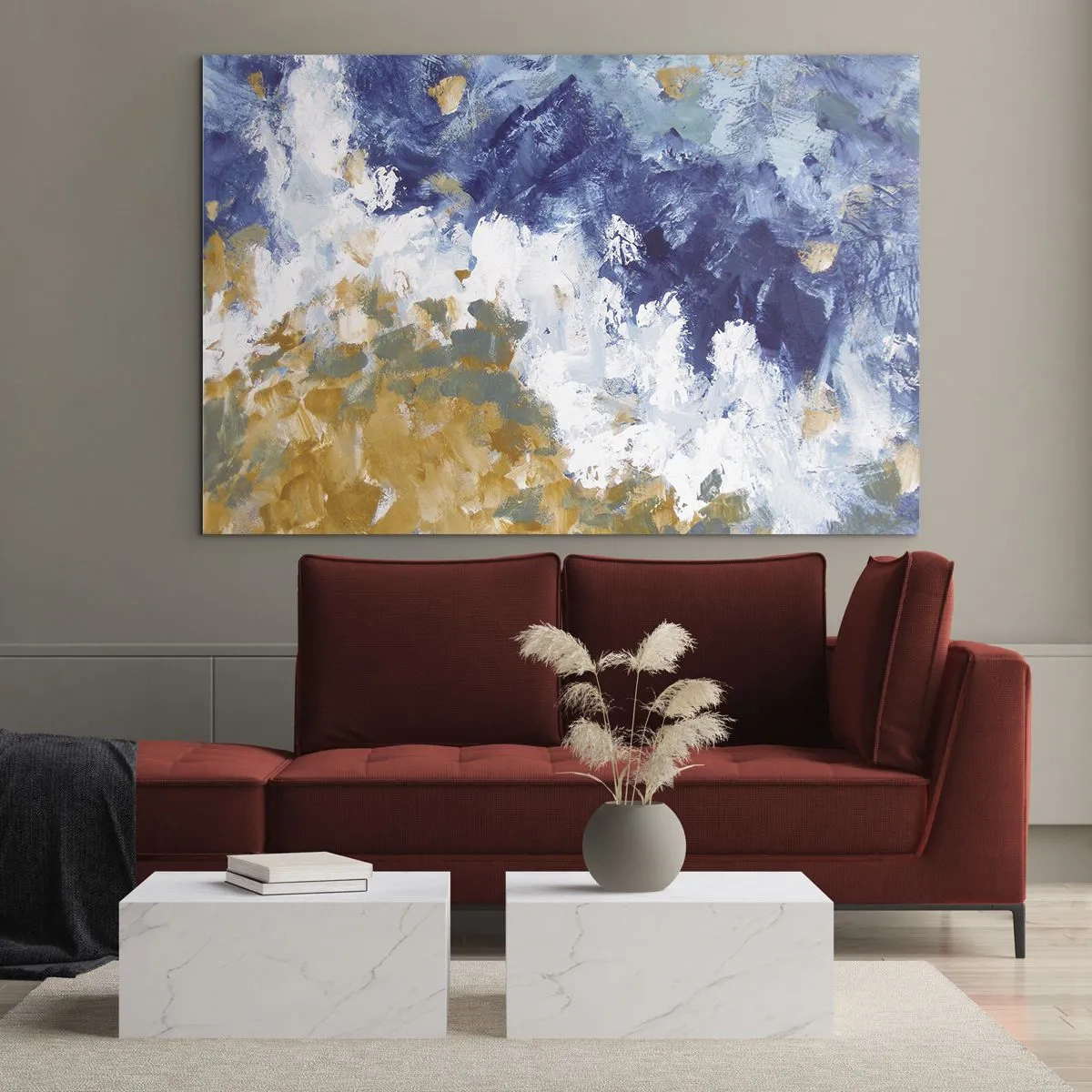 Obraz na skle - Abstraktní tahy barvy v modré, bílé a zlaté barvě - 70x50cm - Tanec živlů - Moderní nástěnná dekorace do obývacího pokoje a ložnice ARTTOR