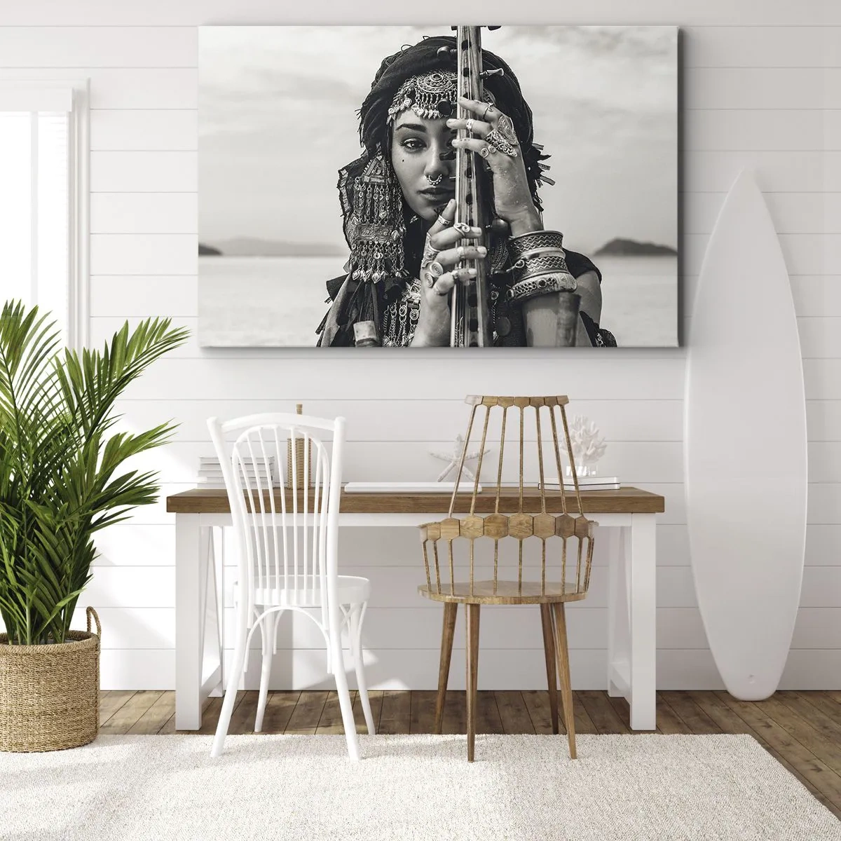 Obraz na plátně - Portrét ženy v etnických špercích, která v ruce drží nástroj - 70x50cm - Samotná hudba orientu - Moderní nástěnná dekorace do obývacího pokoje a ložnice ARTTOR