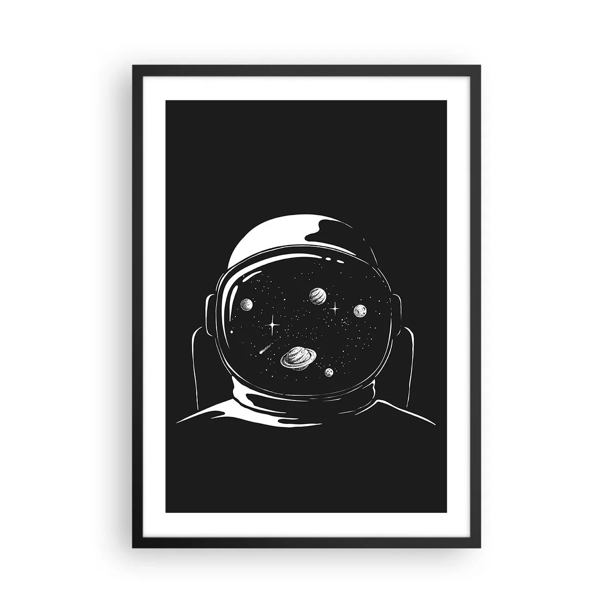 Plakát v černém rámu - Astronaut s odrazem vesmíru v jeho helmě - 50x70cm - Skvělý výhled - Moderní nástěnná dekorace do obývacího pokoje a ložnice ARTTOR