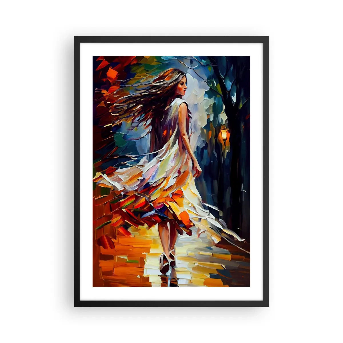 Plakát v černém rámu - Žena tančící mezi barevným podzimním listím - 50x70cm - Podzimní dívka - Moderní nástěnná dekorace do obývacího pokoje a ložnice ARTTOR