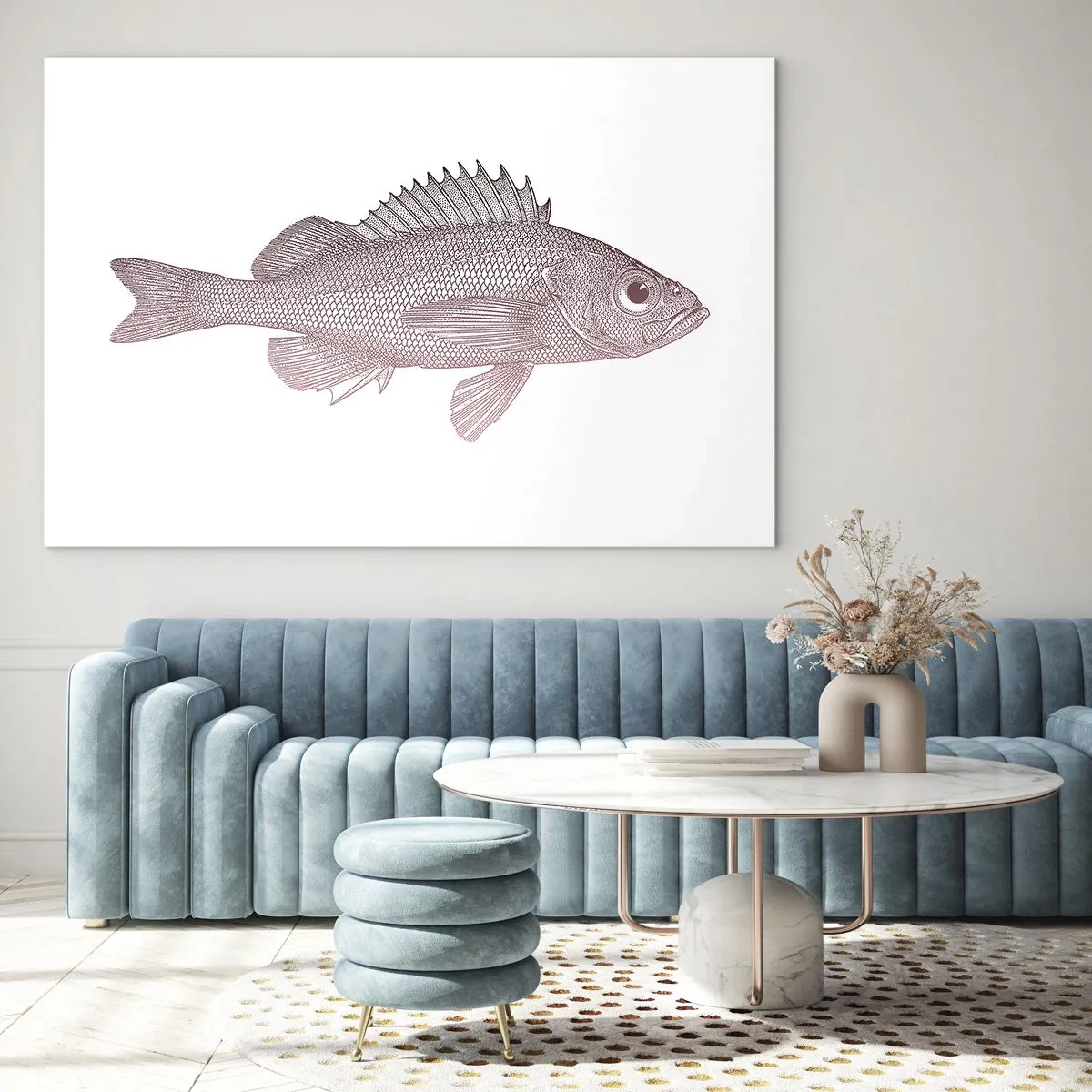 Obraz na skle - Grafika ryby s velkým okem v retro stylu na bílém pozadí - 70x50cm - Ryba s velkýma očima - Moderní nástěnná dekorace do obývacího pokoje a ložnice ARTTOR