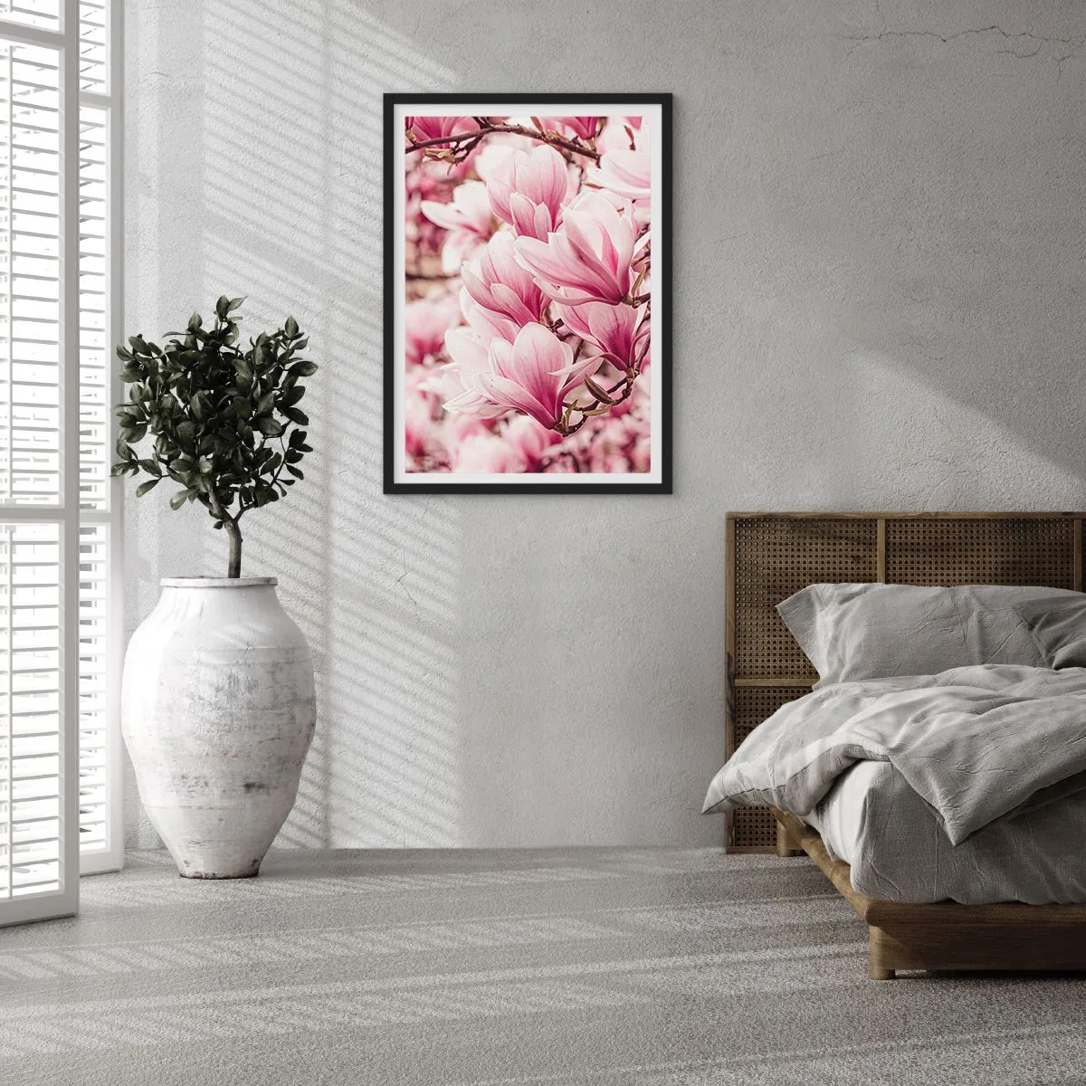 Plakát v černém rámu - Romanticky kvetoucí magnólie v jemné růžové - 50x70cm - Jaro je růžové - Moderní nástěnná dekorace do obývacího pokoje a ložnice ARTTOR