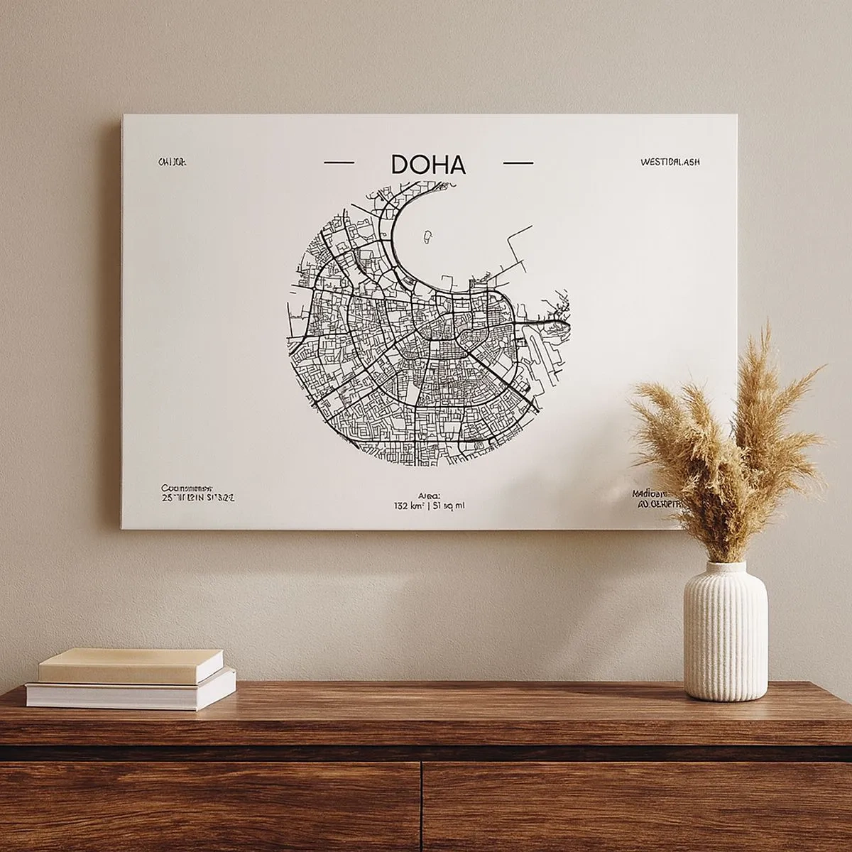 Obraz na plátně - Minimalistická černobílá mapa Dauhá s přesnými detaily. - 70x50cm - Anatomie Dauhá - Moderní nástěnná dekorace do obývacího pokoje a ložnice ARTTOR