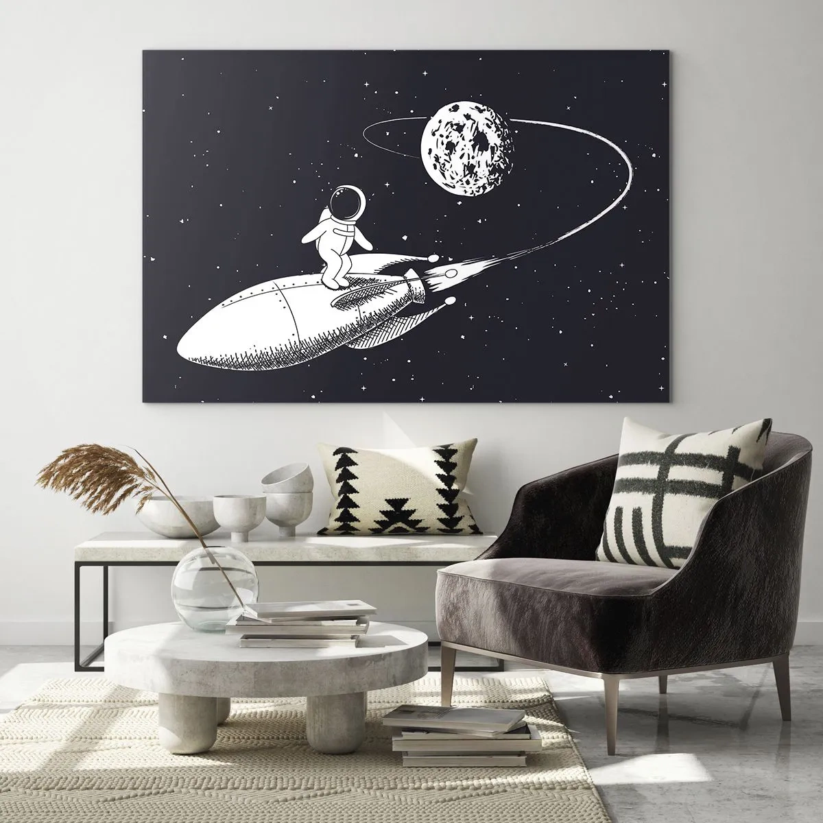 Obraz na skle - Kreslený astronaut surfující ve vesmíru na raketě - 70x50cm - Vesmírný surfing - Moderní nástěnná dekorace do obývacího pokoje a ložnice ARTTOR