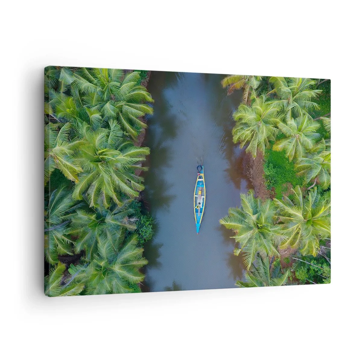 Obraz na plátně - Pohled z ptačí perspektivy na loď na řece obklopené palmami - 70x50cm - Na tropické stezce - Moderní nástěnná dekorace do obývacího pokoje a ložnice ARTTOR