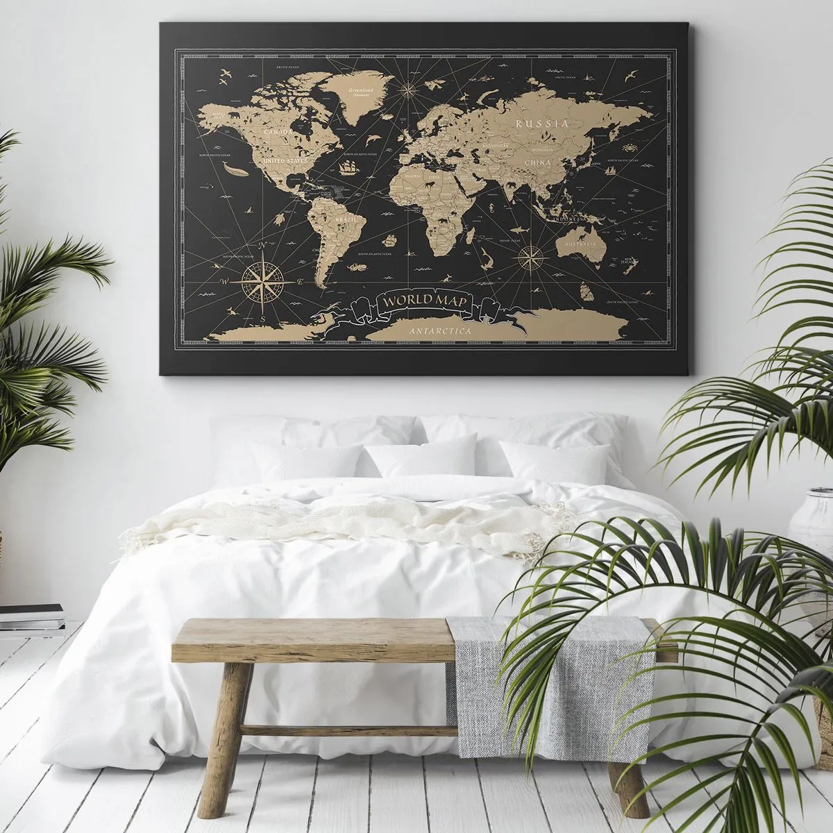 Obraz na plátně - Stylizovaná mapa světa na černém pozadí s béžovými akcenty. - 70x50cm - Hranice mého světa - Moderní nástěnná dekorace do obývacího pokoje a ložnice ARTTOR