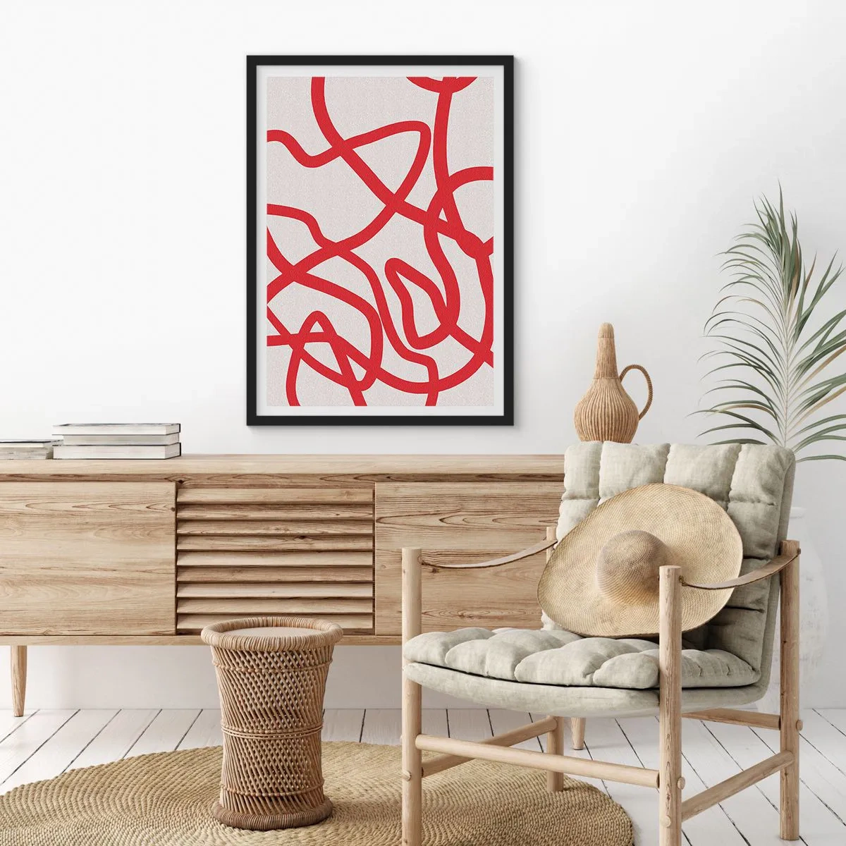 Plakát v černém rámu - Abstraktní kompozice dynamických červených čar na světlém pozadí. - 50x70cm - Červené na bílém - Moderní nástěnná dekorace do obývacího pokoje a ložnice ARTTOR