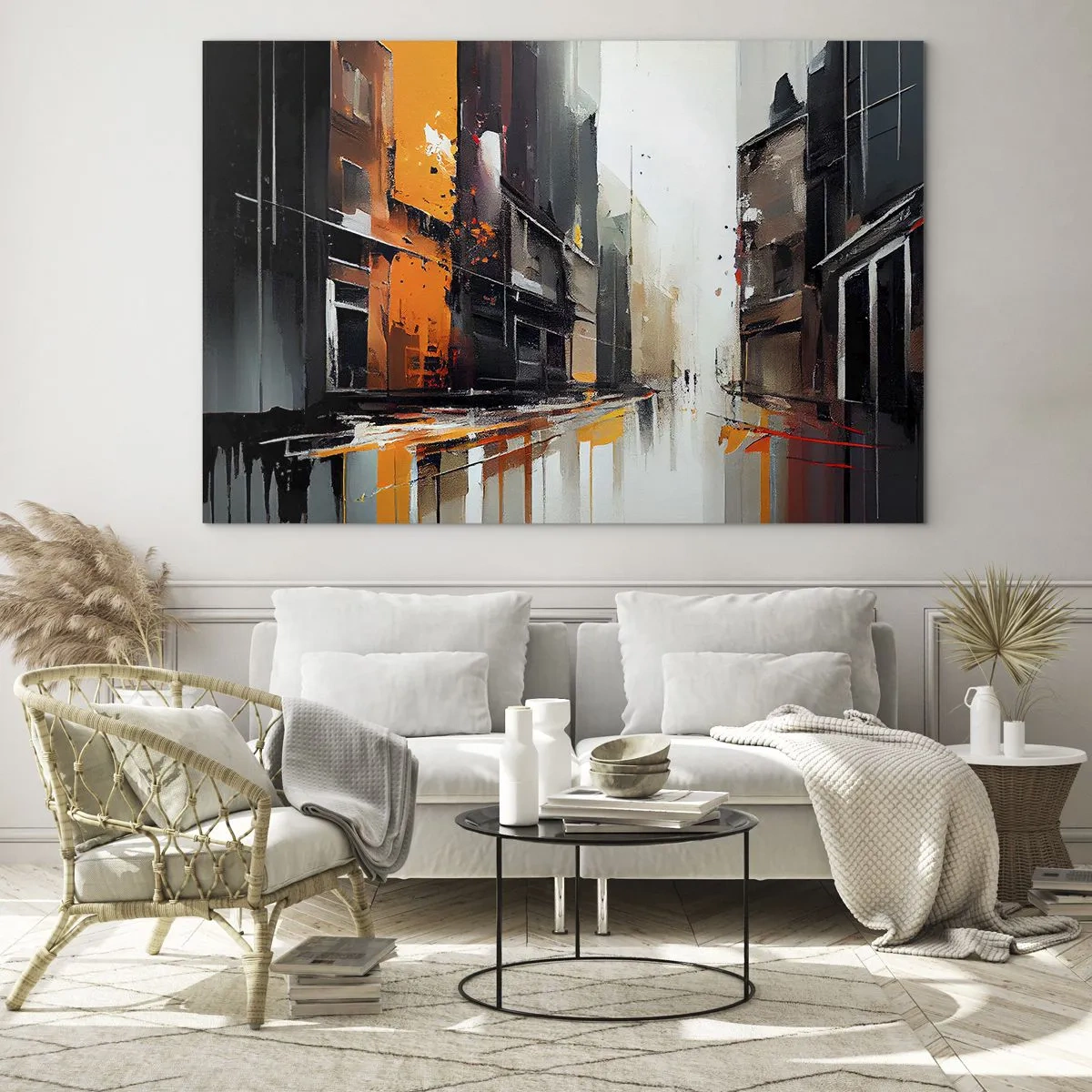 Obraz na skle - Ulice v dešti s vysokými budovami v teplých barvách - 70x50cm - Deštivý den - Moderní nástěnná dekorace do obývacího pokoje a ložnice ARTTOR