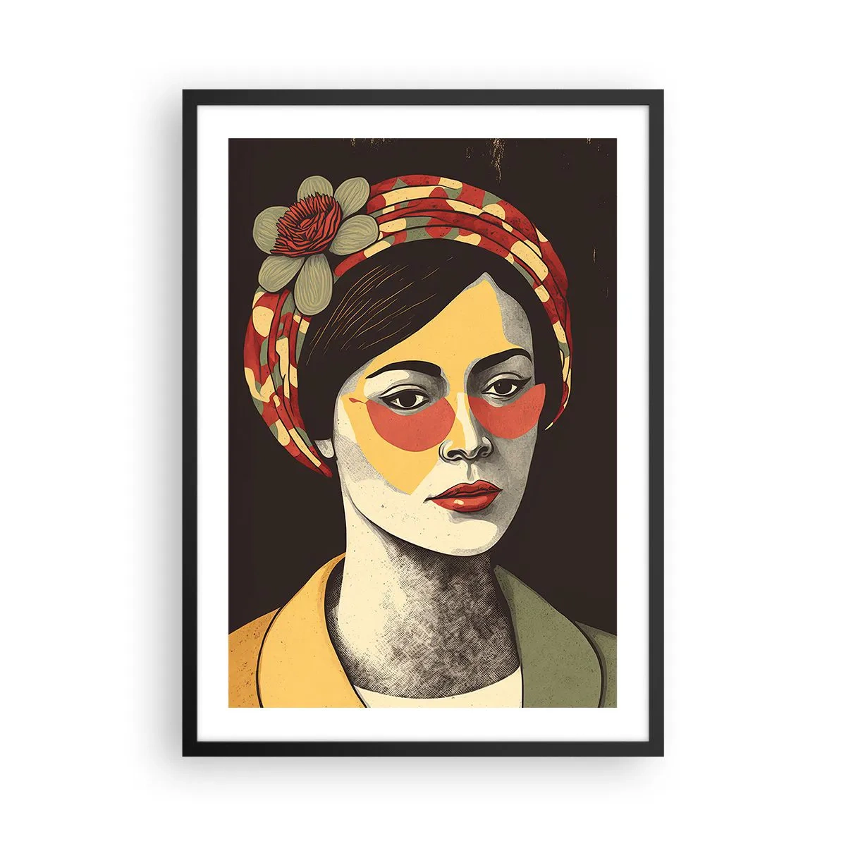 Plakát v černém rámu - Stylizovaný portrét ženy v turbanu s květinovým akcentem - 50x70cm - Korálová dáma - Moderní nástěnná dekorace do obývacího pokoje a ložnice ARTTOR