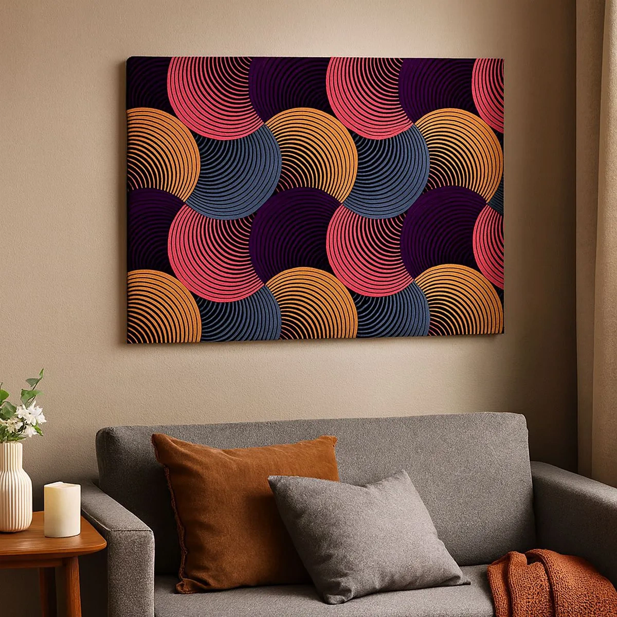 Obraz na plátně - Geometrické kruhy v odstínech růžové, fialové a zlaté - 70x50cm - V kruhovém rytmu - Moderní nástěnná dekorace do obývacího pokoje a ložnice ARTTOR