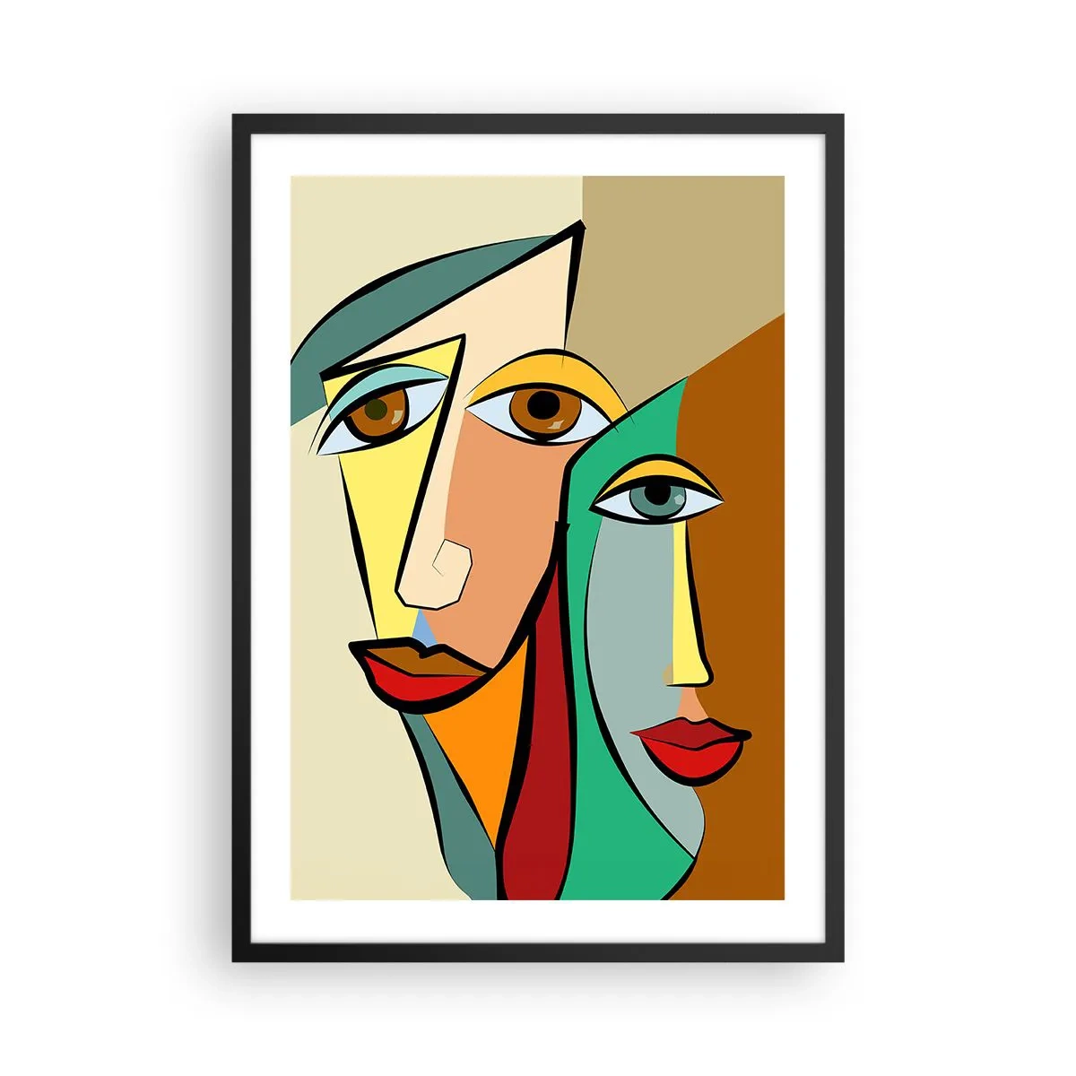 Plakát v černém rámu - Abstraktní tváře v kubistickém stylu v teplých barvách - 50x70cm - Kubistický pár - Moderní nástěnná dekorace do obývacího pokoje a ložnice ARTTOR