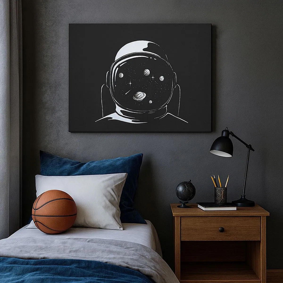 Obraz na plátně - Minimalistická astronautská helma s výhledem na vesmír - 70x50cm - Skvělý výhled - Moderní nástěnná dekorace do obývacího pokoje a ložnice ARTTOR