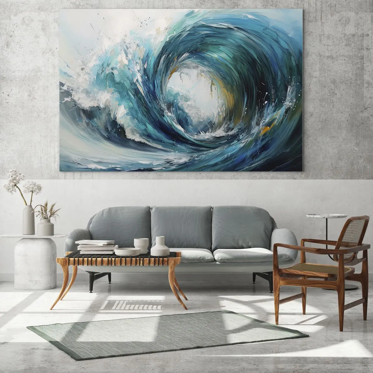 Obraz na skle - Vizualizace silné mořské vlny v podobě vířivky s intenzivní modrou barvou - 70x50cm - Mořský portál - Moderní nástěnná dekorace do obývacího pokoje a ložnice ARTTOR
