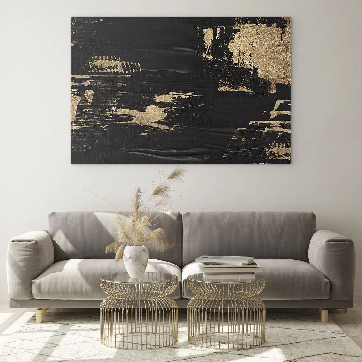 Obraz na skle - Černá a zlatá abstrakce s texturou podobnou tahu štětcem - 70x50cm - Stopa doteku - Moderní nástěnná dekorace do obývacího pokoje a ložnice ARTTOR