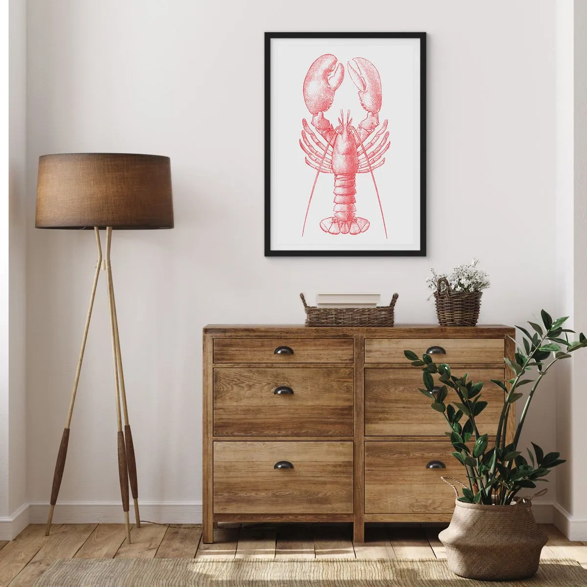Plakát v černém rámu - Vintage humr kresba na světlém pozadí - 50x70cm - Humr hodný Homéra - Moderní nástěnná dekorace do obývacího pokoje a ložnice ARTTOR