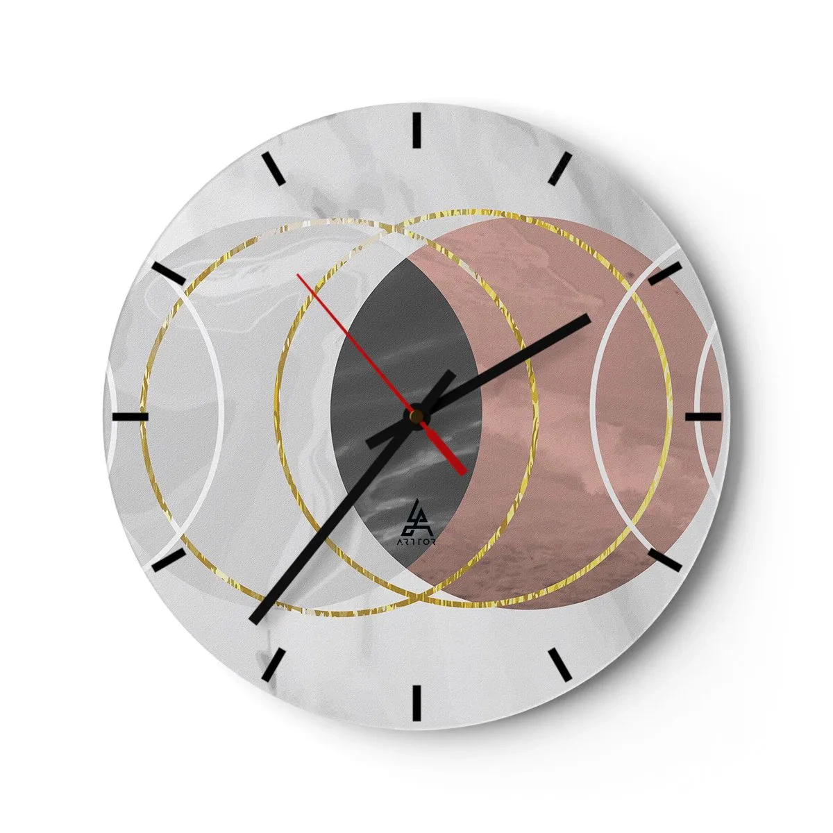 Nástěnné hodiny - Geometrické kruhy v odstínech šedé a mědi se zlatými akcenty - 30x30cm - Hudba sfér - Moderní nástěnná dekorace do obývacího pokoje, kuchyně a ložnice ARTTOR