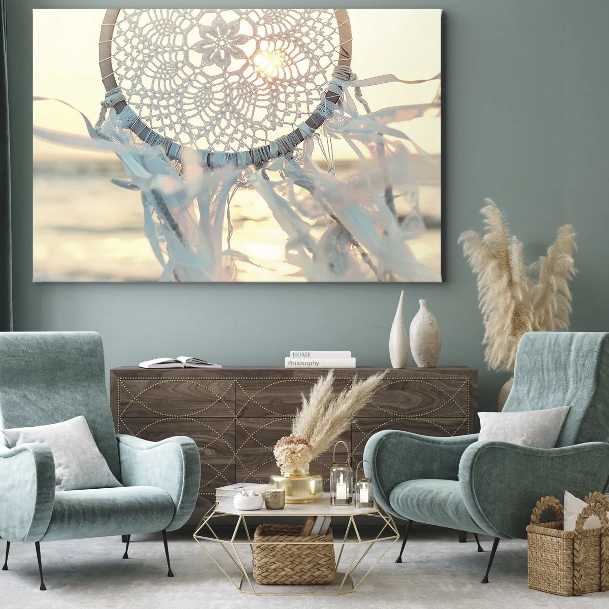 Obraz na plátně - Jemný lapač snů na pozadí zapadajícího slunce - 70x50cm - Krajkový totem - Moderní nástěnná dekorace do obývacího pokoje a ložnice ARTTOR