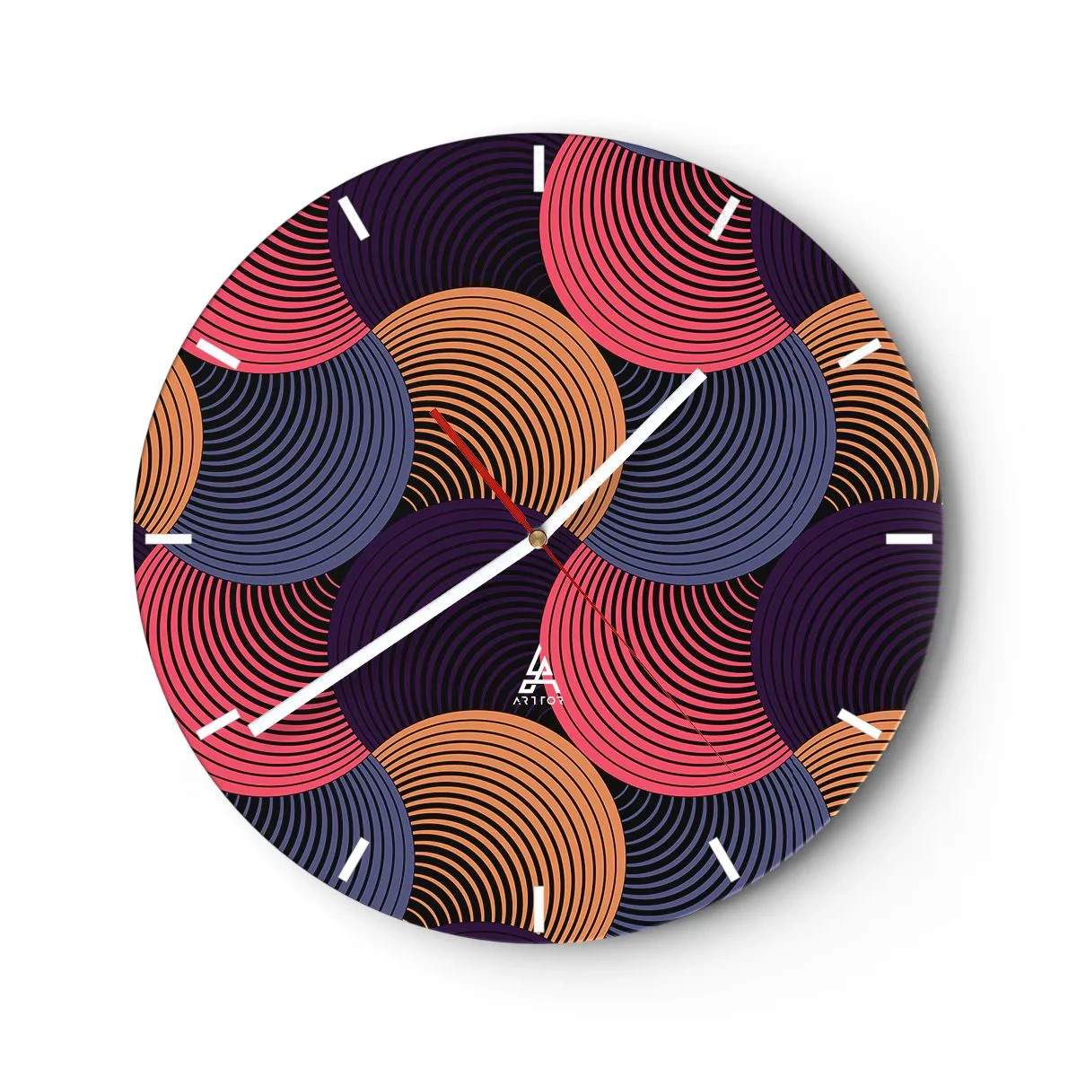 Nástěnné hodiny - Barevné soustředné kruhy v dynamickém uspořádání - 30x30cm - V kruhovém rytmu - Moderní nástěnná dekorace do obývacího pokoje, kuchyně a ložnice ARTTOR