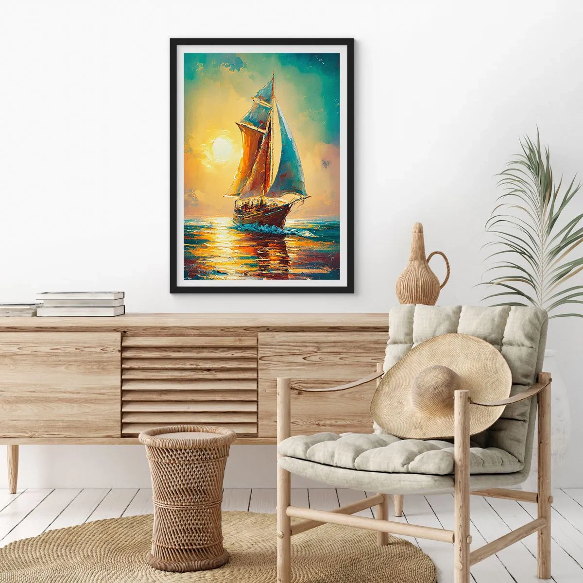 Plakát v černém rámu - Plachetnice na pozadí zlatého západu slunce - 50x70cm - Pod plnými plachtami - Moderní nástěnná dekorace do obývacího pokoje a ložnice ARTTOR
