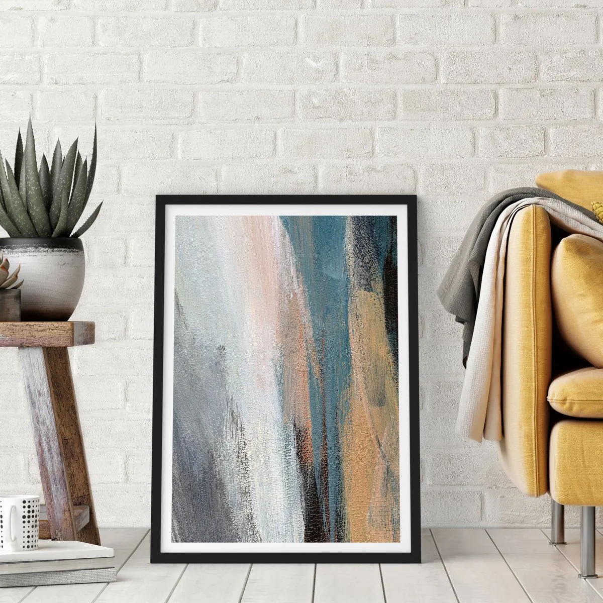 Plakát v černém rámu - Abstraktní kompozice v tlumených barvách - 50x70cm - Abstrakce: severní krajina - Moderní nástěnná dekorace do obývacího pokoje a ložnice ARTTOR