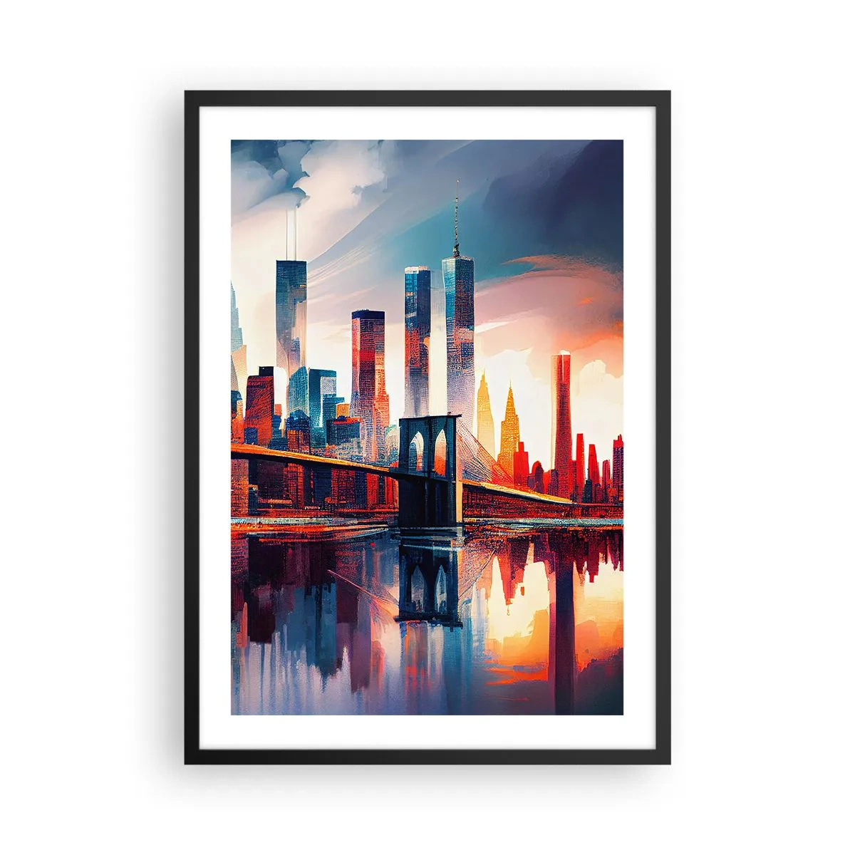 Plakát v černém rámu - Panorama města s mostem a odrazem ve vodě - 50x70cm - Famózní New York - Moderní nástěnná dekorace do obývacího pokoje a ložnice ARTTOR