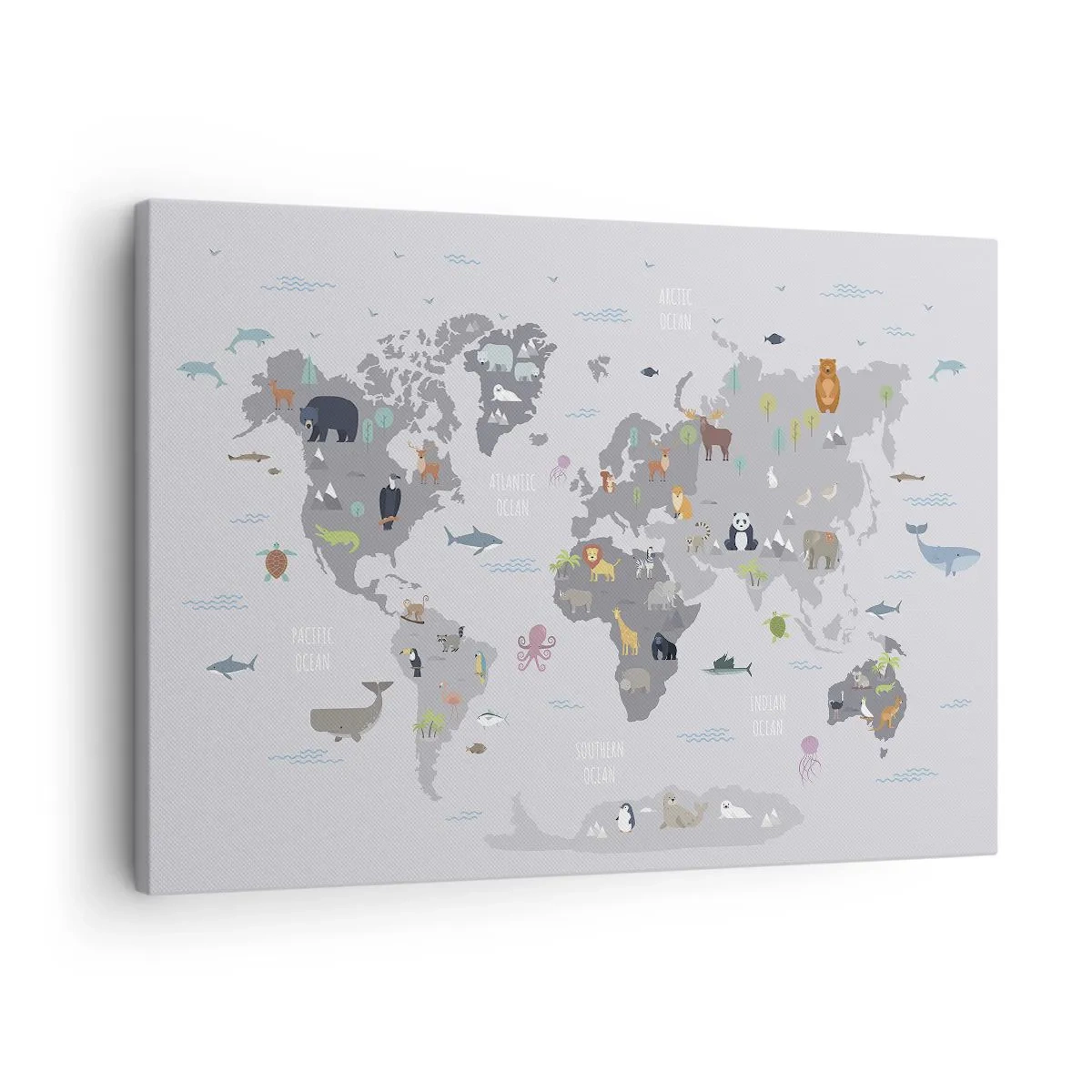 Obraz na plátně - Mapa světa s ilustracemi zvířat na šedém pozadí - 70x50cm - Řekni mi, odkud jsi… - Moderní nástěnná dekorace do obývacího pokoje a ložnice ARTTOR