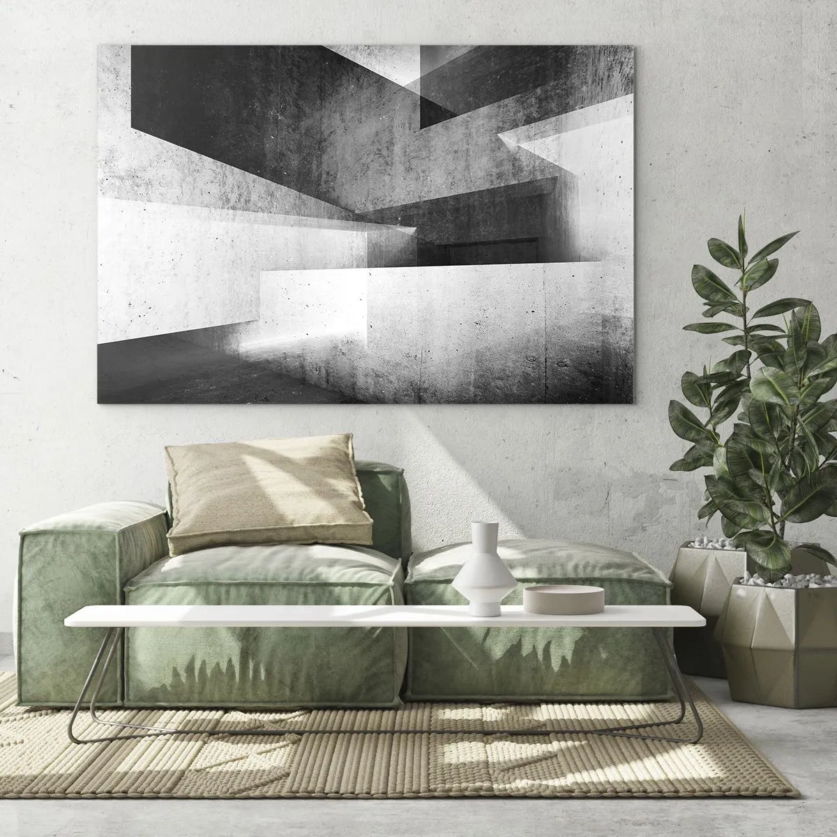 Obraz na skle - Geometrické betonové tvary v černobílých tónech - 70x50cm - Struktura prostoru - Moderní nástěnná dekorace do obývacího pokoje a ložnice ARTTOR