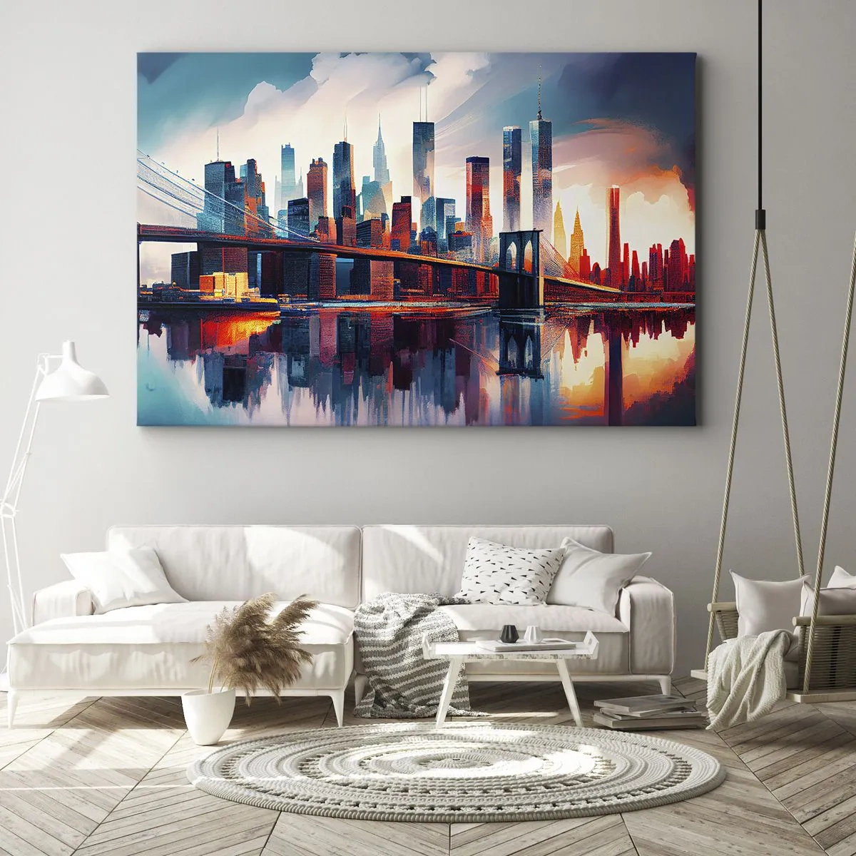 Obraz na plátně - Panorama New Yorku s mostem a odrazem ve vodě - 70x50cm - Famózní New York - Moderní nástěnná dekorace do obývacího pokoje a ložnice ARTTOR