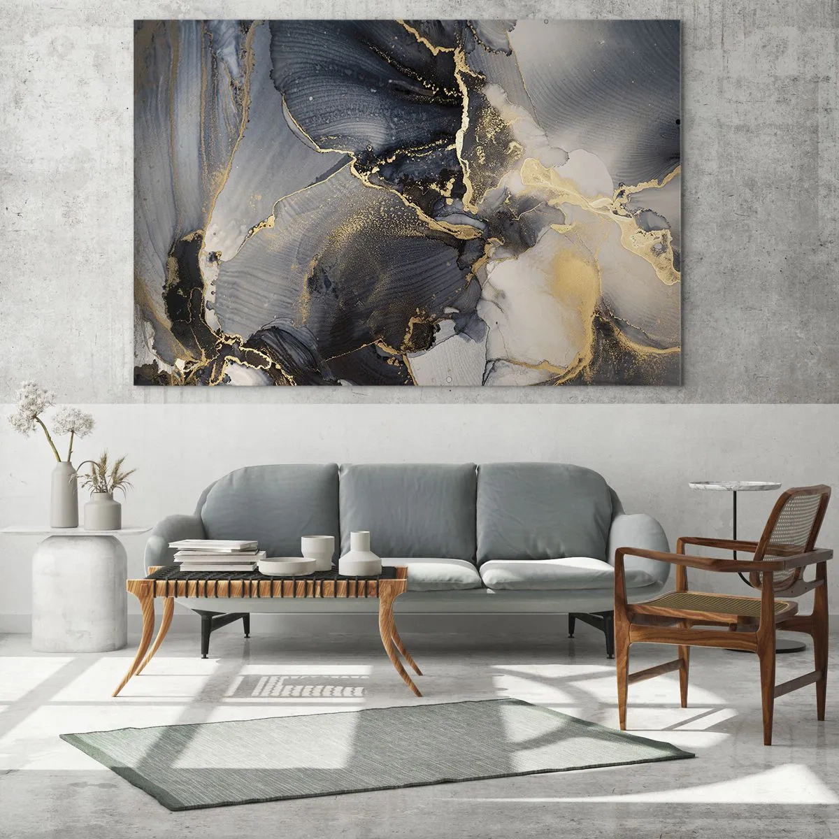Obraz na skle - Tmavá abstrakce s mramorovým efektem a zlatými žilkami - 70x50cm - Život kamene - Moderní nástěnná dekorace do obývacího pokoje a ložnice ARTTOR