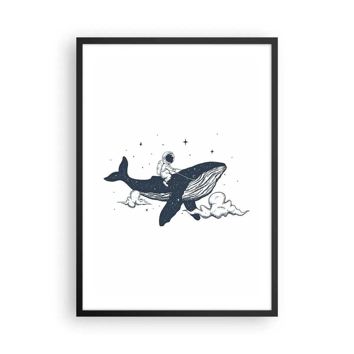 Plakát v černém rámu - Barevná ilustrace vesmírné rakety letící mezi hvězdami. - 50x70cm - Vesmírné dobrodružství - Moderní nástěnná dekorace do obývacího pokoje a ložnice ARTTOR