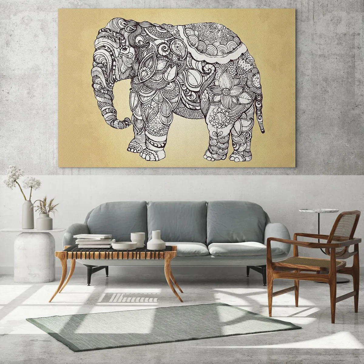 Obraz na skle - Černobílý slon s orientálními vzory na béžovém pozadí - 70x50cm - Skrytý slon - Moderní nástěnná dekorace do obývacího pokoje a ložnice ARTTOR