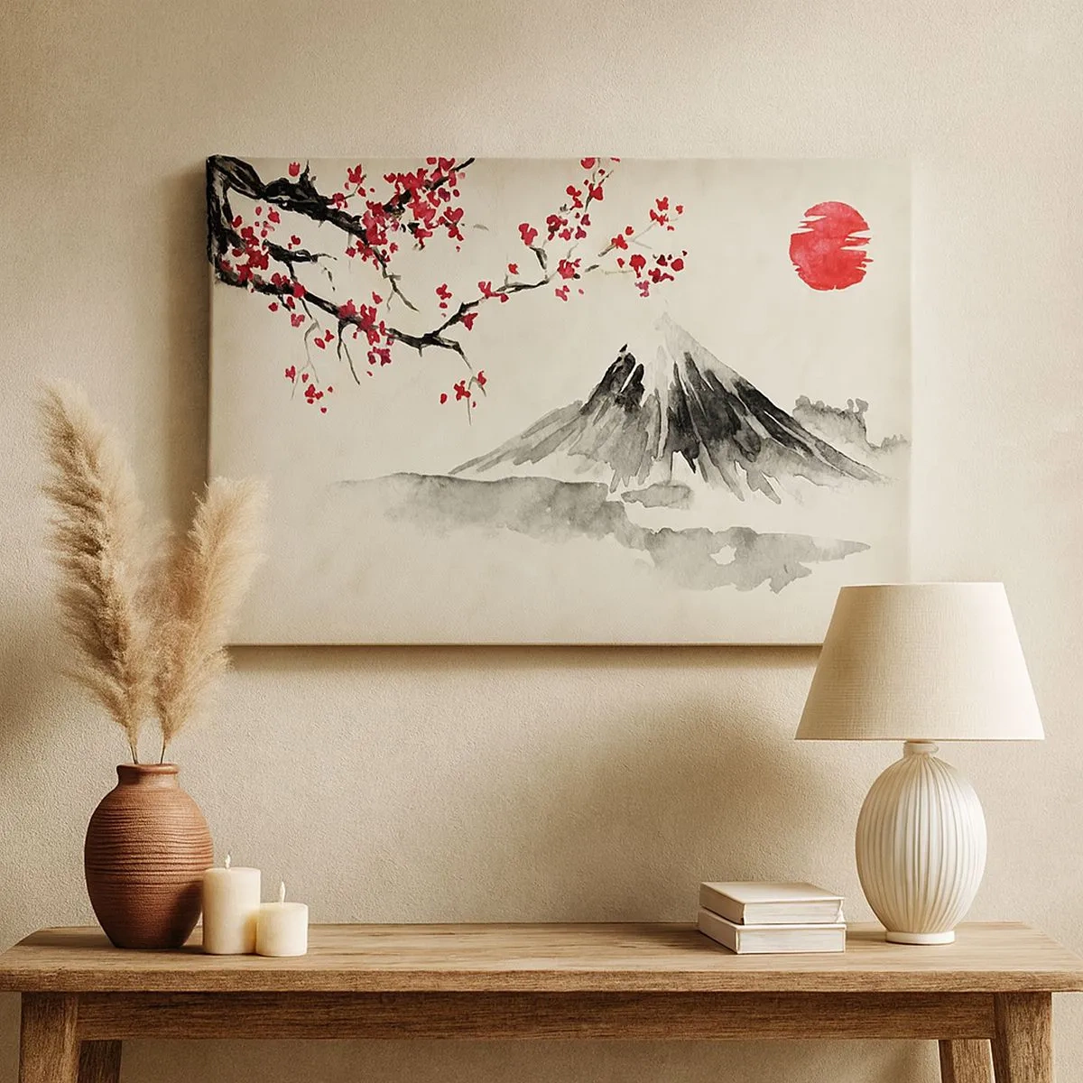 Obraz na plátně - Malebná krajina s horou, třešňovými květy a sluncem - 70x50cm - Zamilujte se do Japonska - Moderní nástěnná dekorace do obývacího pokoje a ložnice ARTTOR