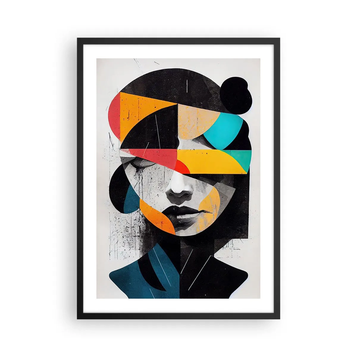 Plakát v černém rámu - Interiérový portrét, vícebarevný, stylizovaný abstraktní portrét ženy - 50x70cm - Pestrobarevný vnitřní portrét - Moderní nástěnná dekorace do obývacího pokoje a ložnice ARTTOR