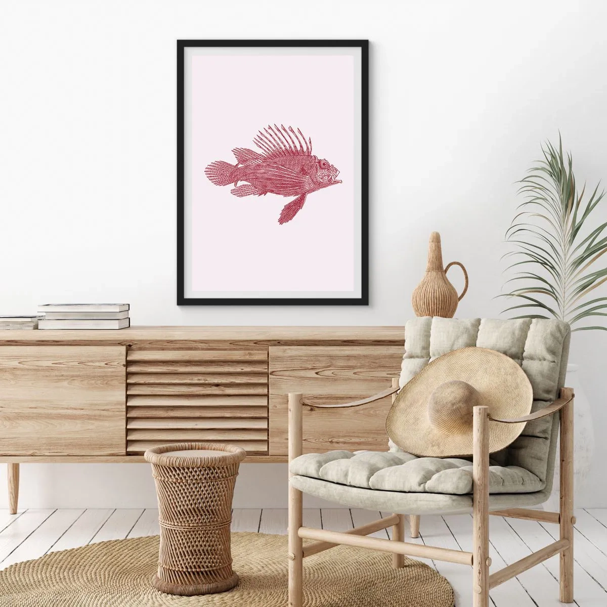 Plakát v černém rámu - Kreslení ryb ve vintage stylu na světlém pozadí - 50x70cm - Obyvatelka exotických vod - Moderní nástěnná dekorace do obývacího pokoje a ložnice ARTTOR