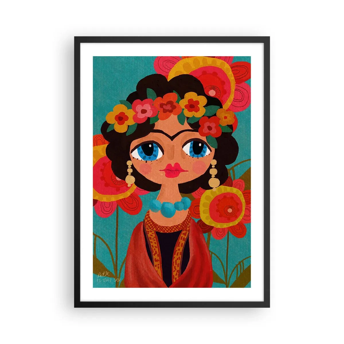 Plakát v černém rámu - Barevný portrét ženy v lidovém stylu a květinová koruna - 50x70cm - O makové panence - Moderní nástěnná dekorace do obývacího pokoje a ložnice ARTTOR