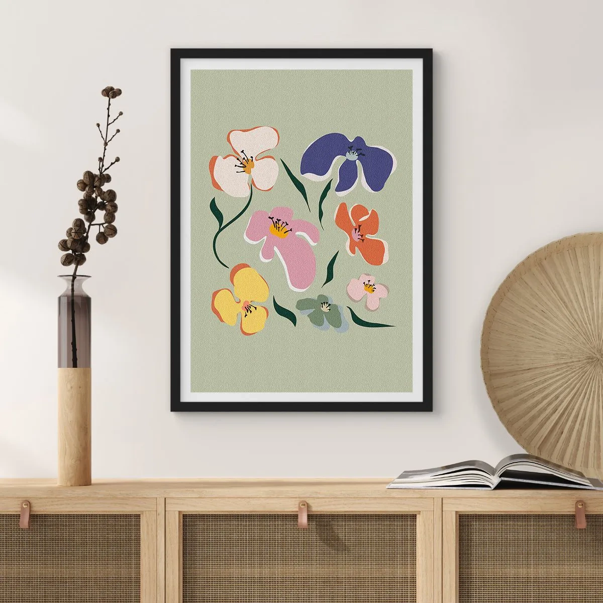 Plakát v černém rámu - Barevné květiny na zeleném pozadí v uměleckém stylu - 50x70cm - Macešky - Moderní nástěnná dekorace do obývacího pokoje a ložnice ARTTOR