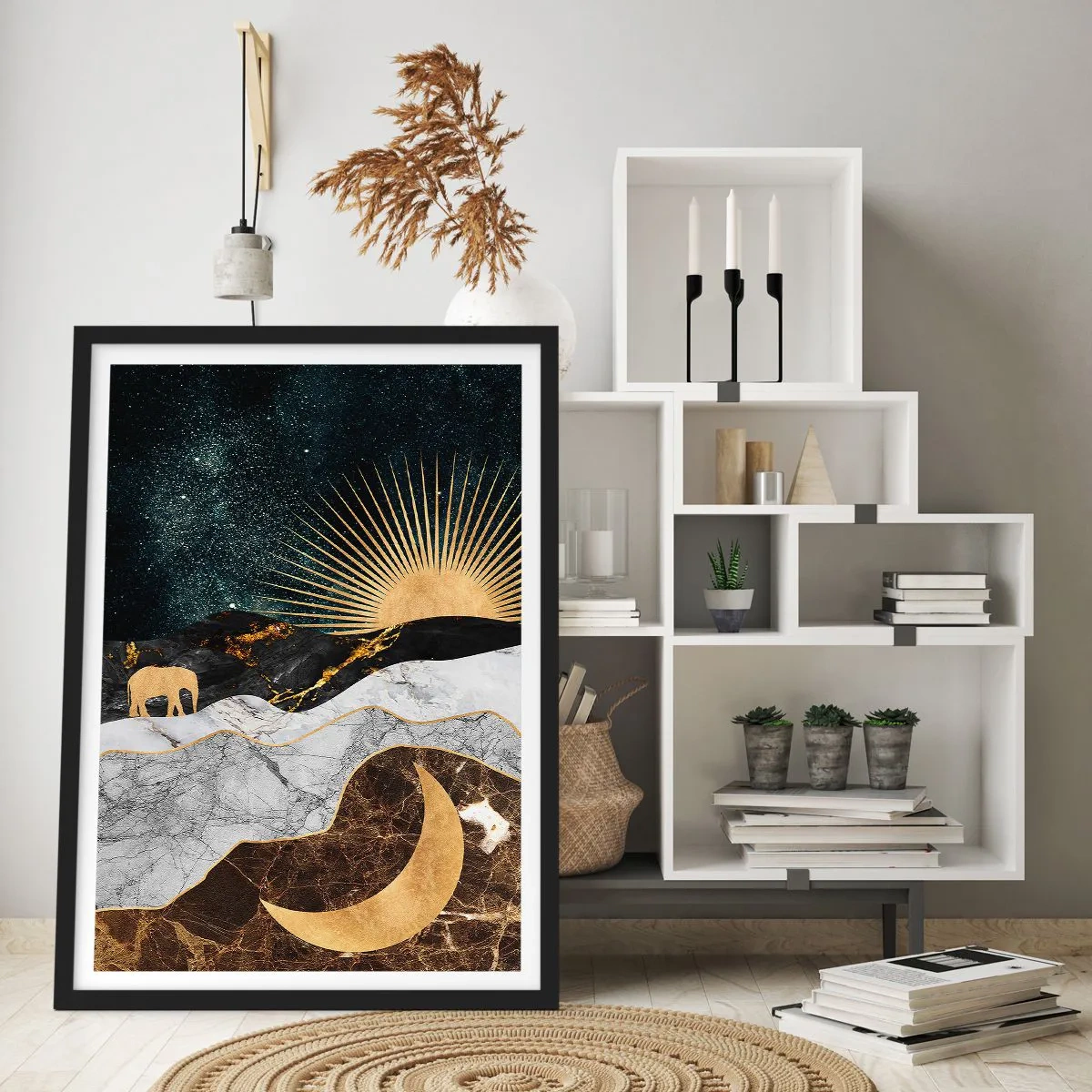 Plakát v černém rámu - Zlatá krajina s měsícem, sluncem a siluetou slona - 50x70cm - Odvěké práva - Moderní nástěnná dekorace do obývacího pokoje a ložnice ARTTOR