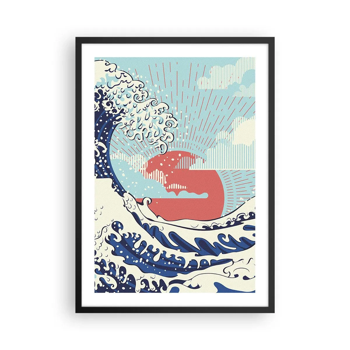 Plakát v černém rámu - Japonsky inspirovaná grafická vlna s rudým sluncem - 50x70cm - Z japonských inspirací - Moderní nástěnná dekorace do obývacího pokoje a ložnice ARTTOR