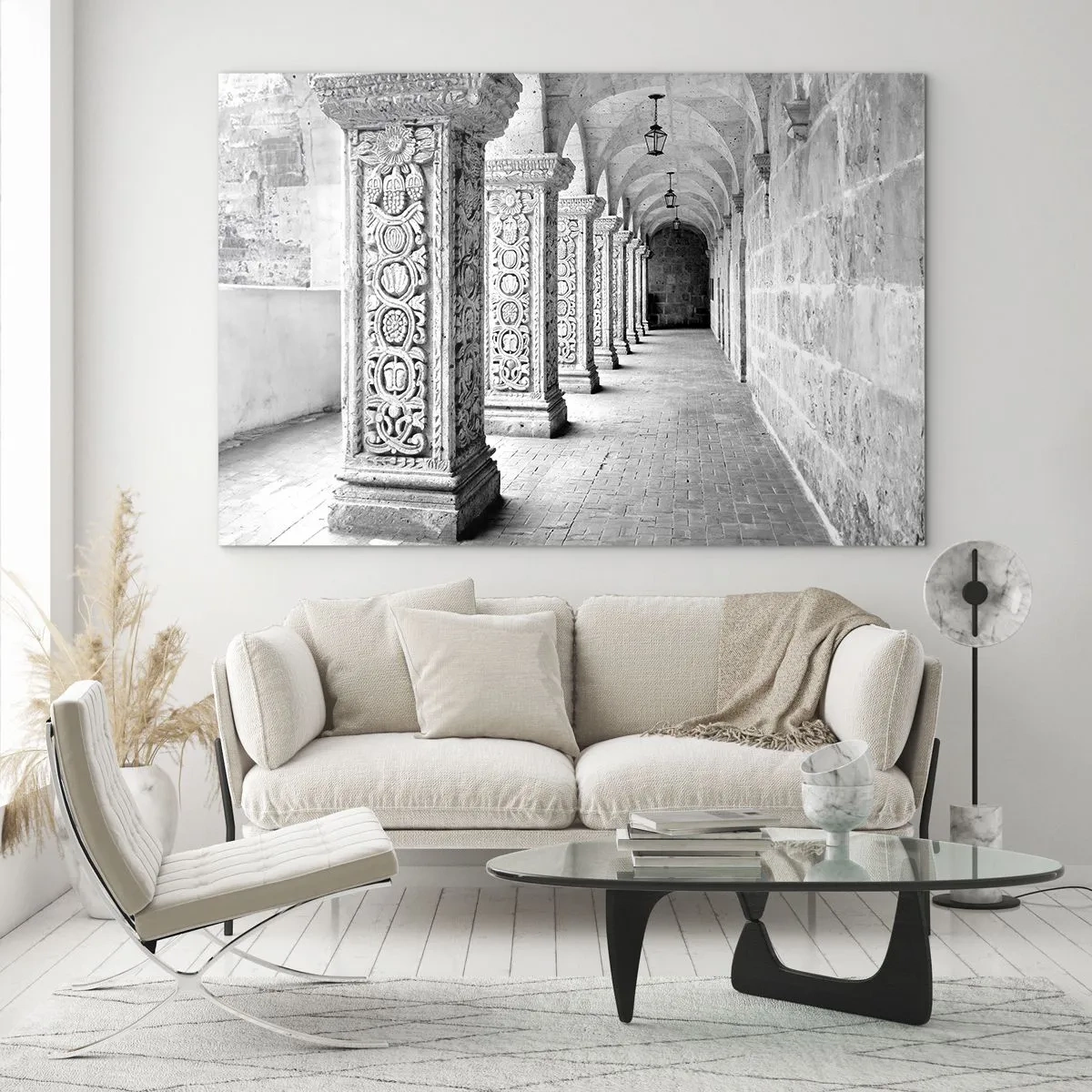Obraz na skle - Historický klášter s vyřezávanými sloupy - 70x50cm - Kam...? - Moderní nástěnná dekorace do obývacího pokoje a ložnice ARTTOR