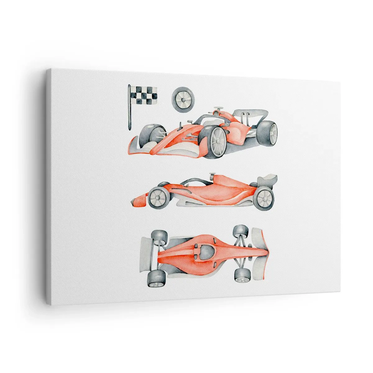 Obraz na plátně - Červené závodní auto s šachovnicovou vlajkou - 70x50cm - Dohnat sen - Moderní nástěnná dekorace do obývacího pokoje a ložnice ARTTOR