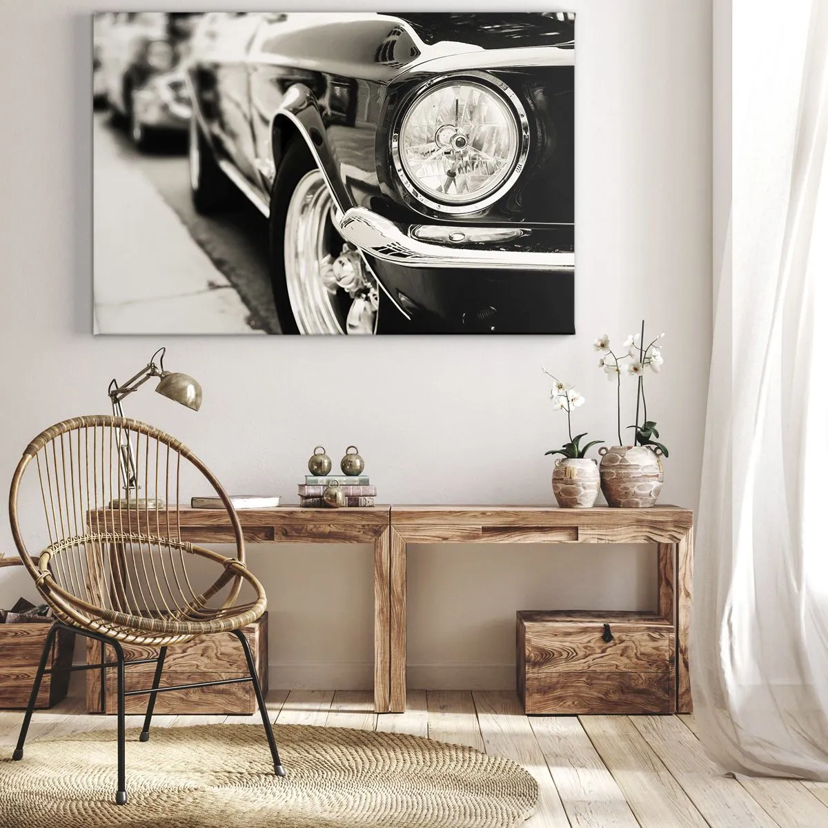 Obraz na plátně - Kultovní klasický vůz v elegantní černé a bílé barvě - 70x50cm - Nepomíjející lesk - Moderní nástěnná dekorace do obývacího pokoje a ložnice ARTTOR