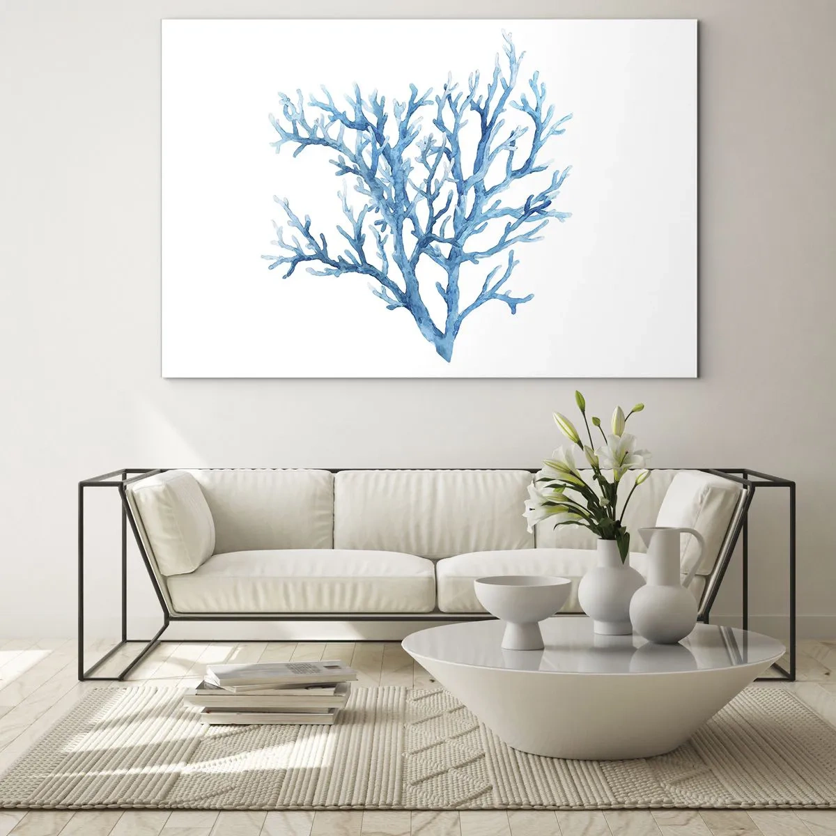 Obraz na skle - Jemný akvarel zobrazující modrý korál - 70x50cm - Mořský filigrán - Moderní nástěnná dekorace do obývacího pokoje a ložnice ARTTOR