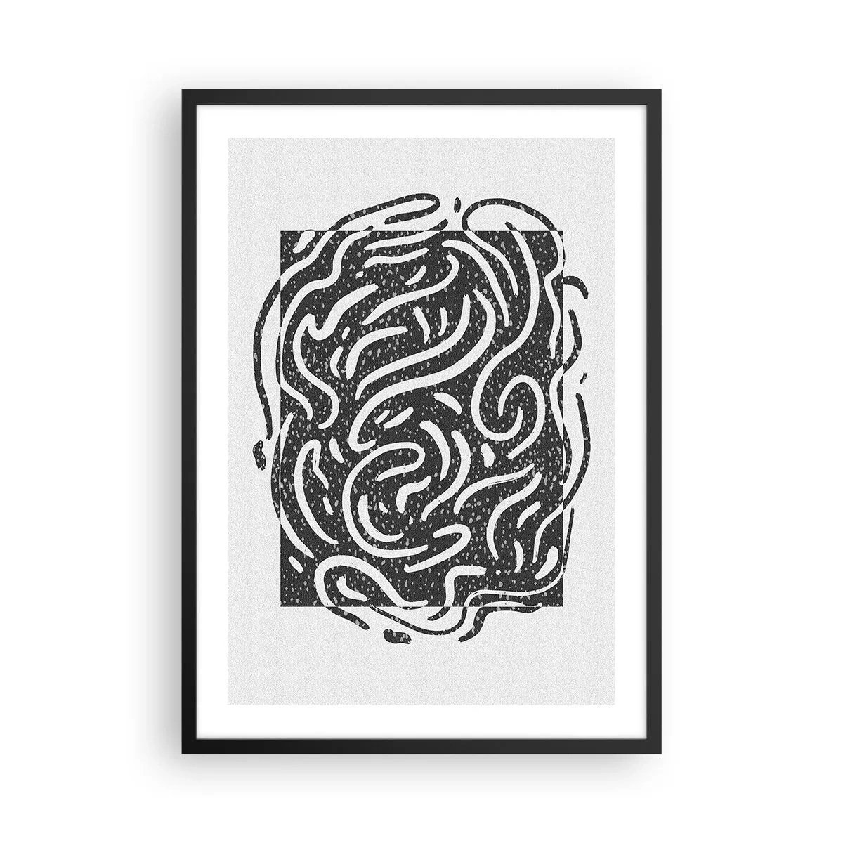 Plakát v černém rámu - Abstraktní kompozice s dynamickými liniemi a tvary v černé a bílé. - 50x70cm - Abstrakce: tanec radosti - Moderní nástěnná dekorace do obývacího pokoje a ložnice ARTTOR