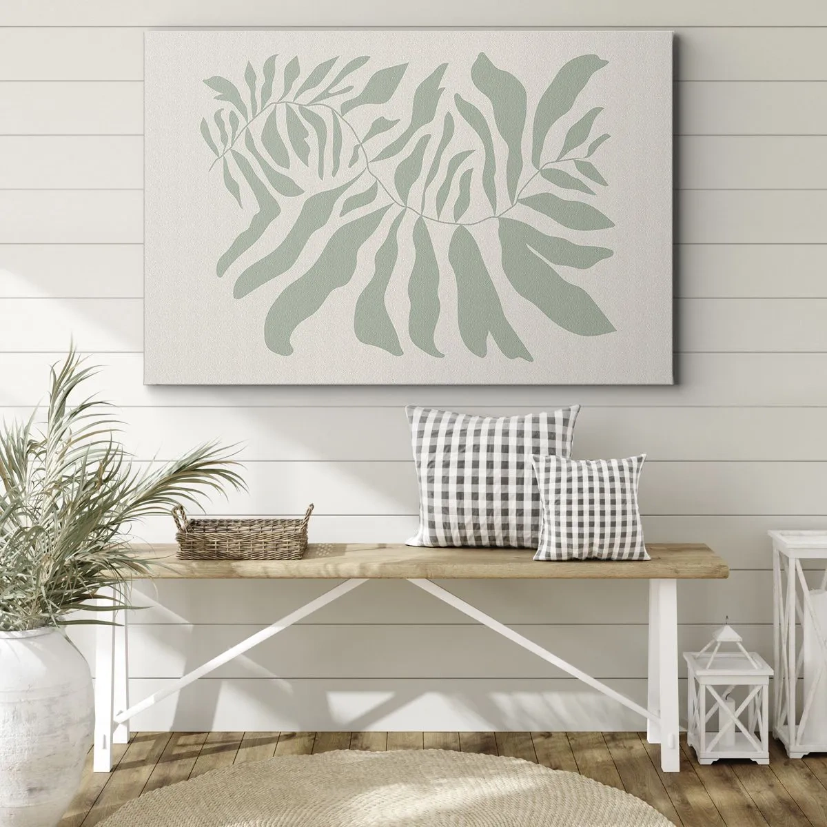 Obraz na plátně - Jemný vzor větviček s listy v odstínu smaragdově zelené - 70x50cm - Smaragdová větev - Moderní nástěnná dekorace do obývacího pokoje a ložnice ARTTOR