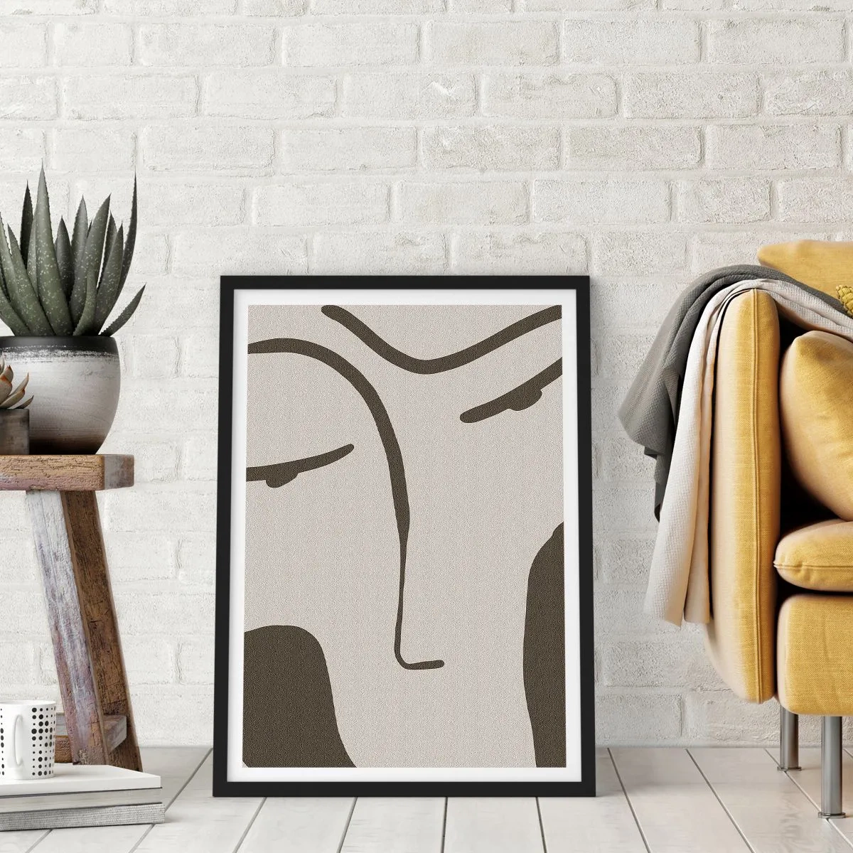 Plakát v černém rámu - Minimalistický portrét obličeje - 50x70cm - Jako z Modiglianiho obrazu - Moderní nástěnná dekorace do obývacího pokoje a ložnice ARTTOR
