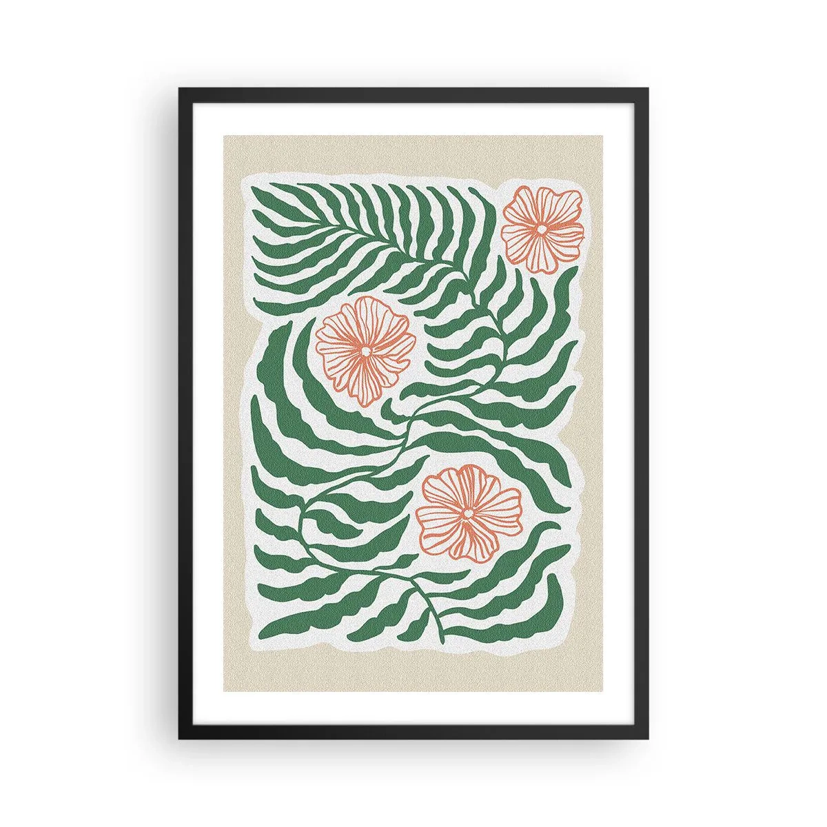 Plakát v černém rámu - Abstraktní grafika listů a květů na béžovém pozadí - 50x70cm - Rozkvetlé v zeleni - Moderní nástěnná dekorace do obývacího pokoje a ložnice ARTTOR