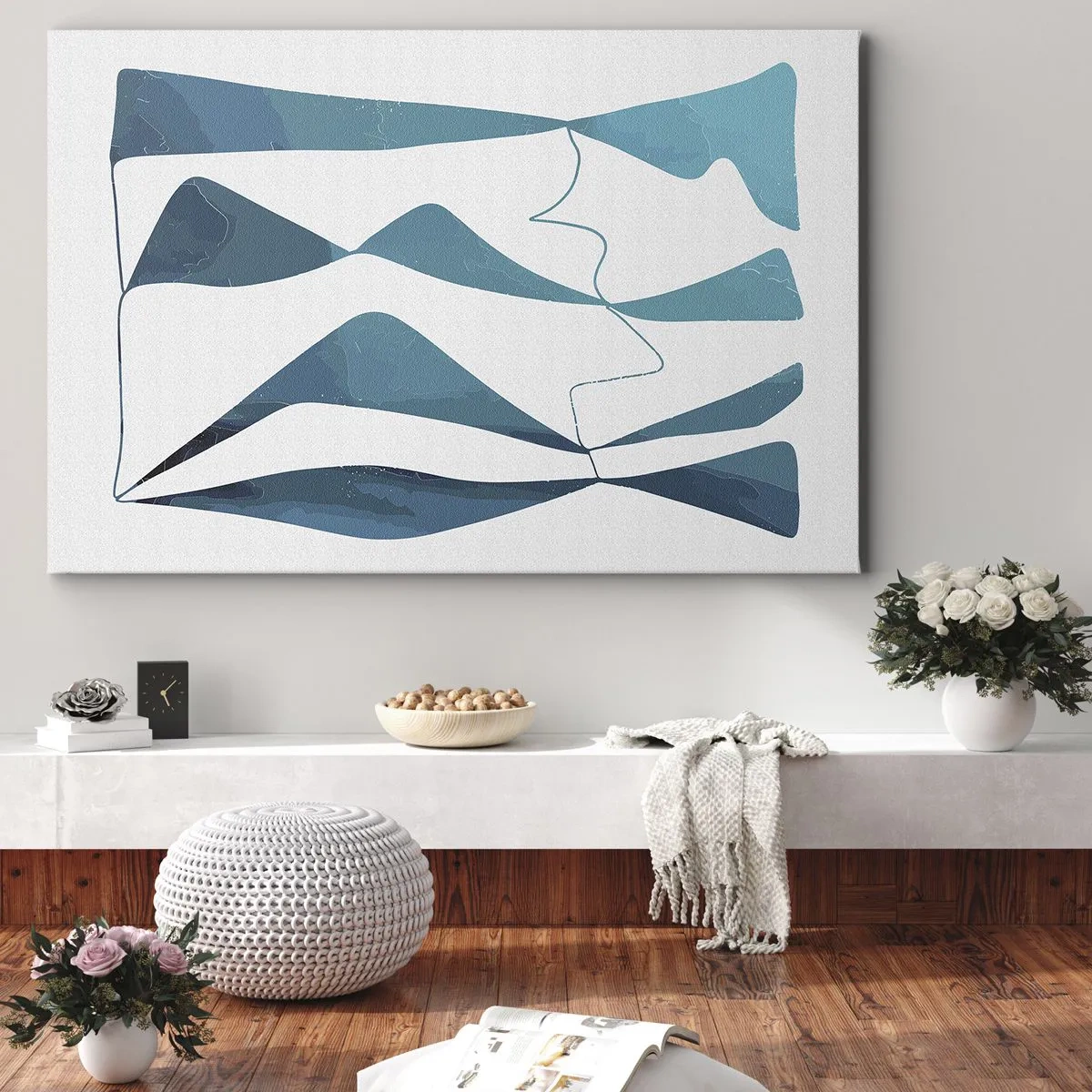 Obraz na plátně - Abstraktní tvary v odstínech modré na bílém pozadí - 70x50cm - Abstrakce: tyrkysový vztah - Moderní nástěnná dekorace do obývacího pokoje a ložnice ARTTOR