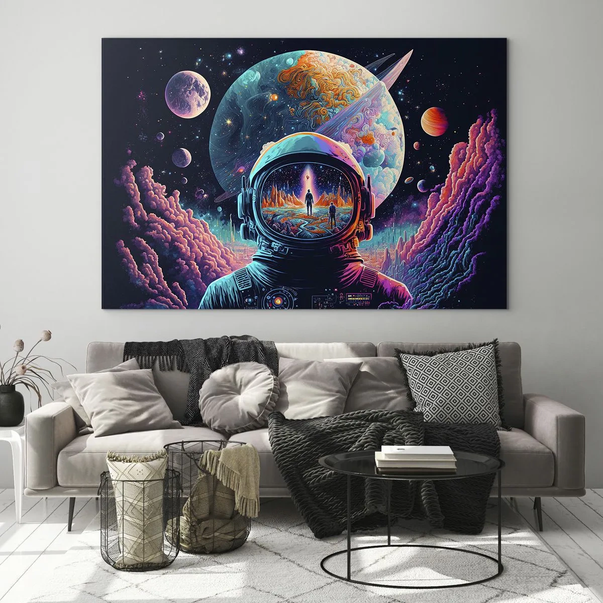 Obraz na skle - Vesmírná krajina s astronautem a surrealistickou planetou. - 70x50cm - Filosofům se to ani nesnilo - Moderní nástěnná dekorace do obývacího pokoje a ložnice ARTTOR