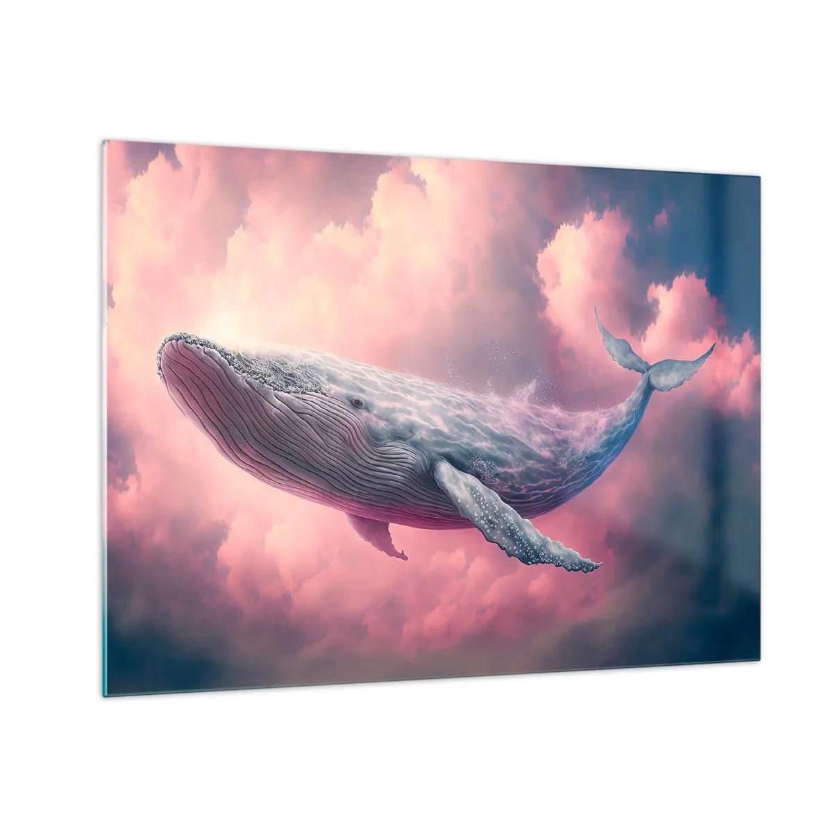 Obraz na skle - Velryba plovoucí v oblacích s růžovou září - 70x50cm - Otři si oči - Moderní nástěnná dekorace do obývacího pokoje a ložnice ARTTOR