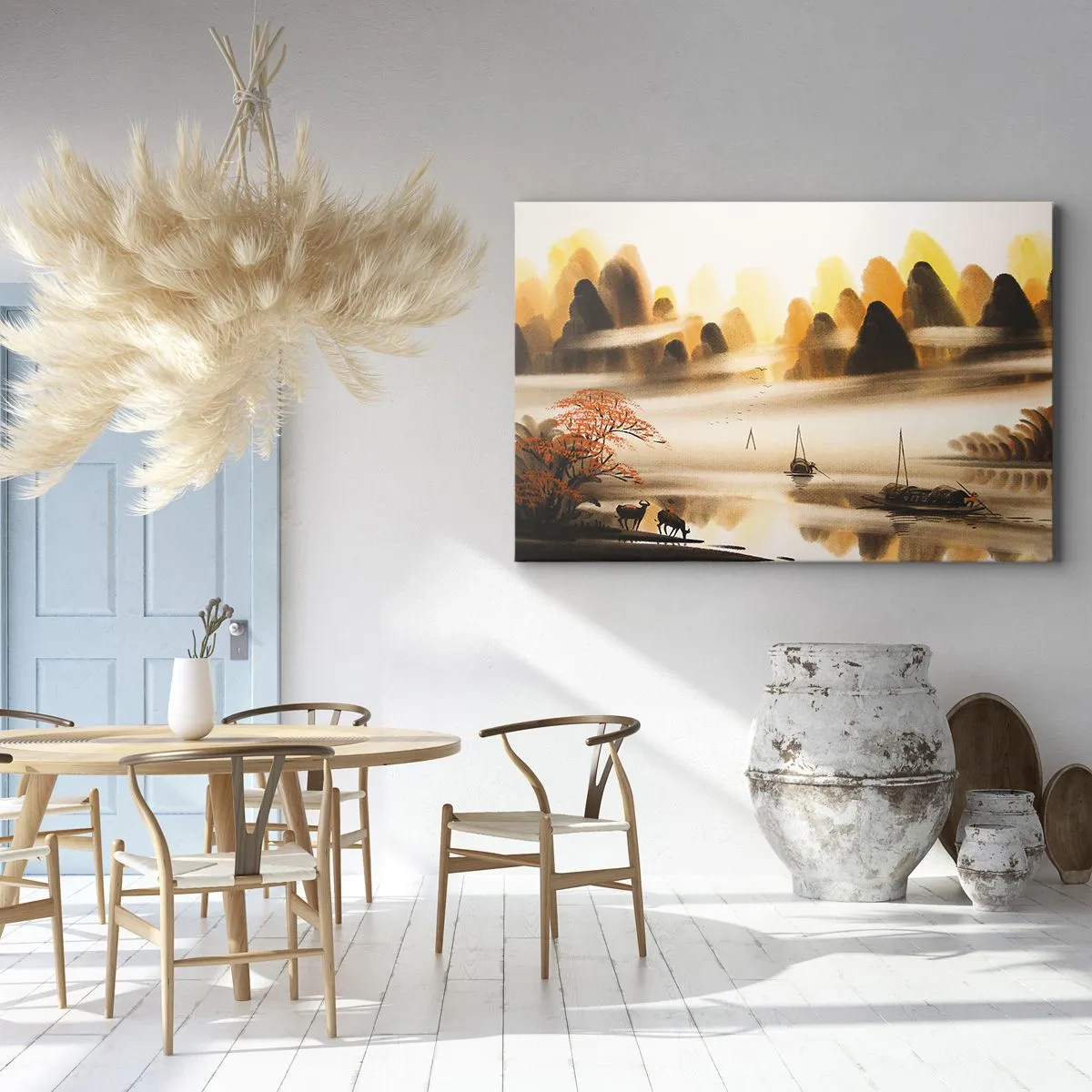 Obraz na plátně - Orientální krajina s řekou, horami a jemnou mlhou. - 70x50cm - Dál než na Dálném východu - Moderní nástěnná dekorace do obývacího pokoje a ložnice ARTTOR